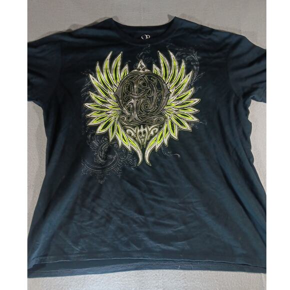 Ocean Pacific Graphic Tee Black Neon Winged Crest Tribal Design Men L Streetwear - Picture 1 of 4